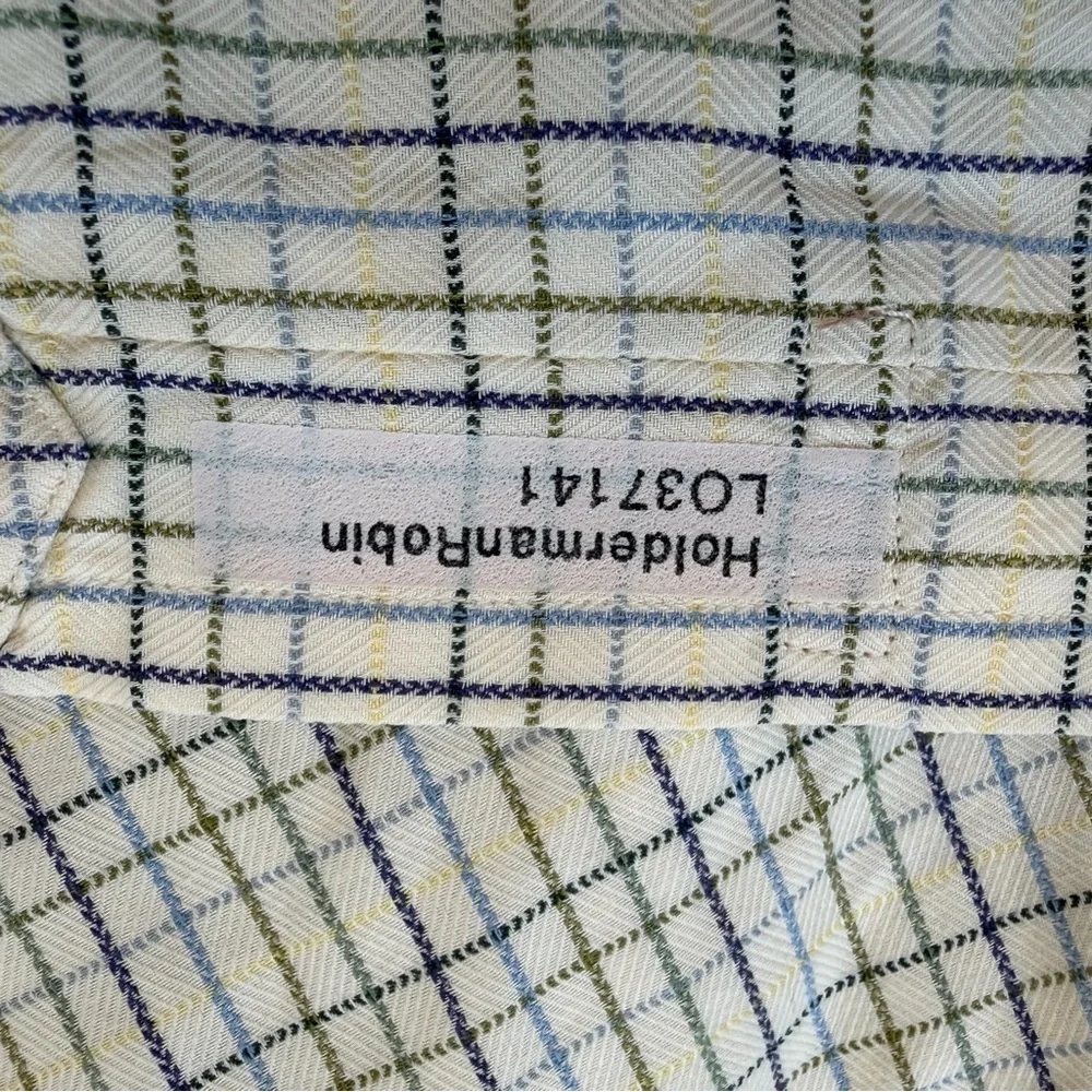 Robert Talbott XL Cream Green Blue Check Button Down Shirt Cotton Top